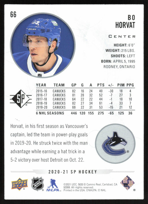 Bo Horvat 2020 SP Hockey # 66 Vancouver Canucks - Collectible Craze America