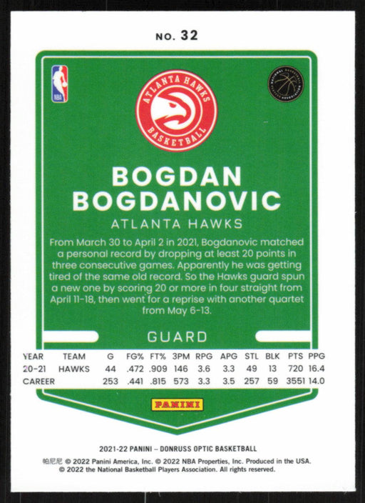 Bogdan Bogdanovic 2021 Panini Donruss Optic # 32 Atlanta Hawks Base - Collectible Craze America