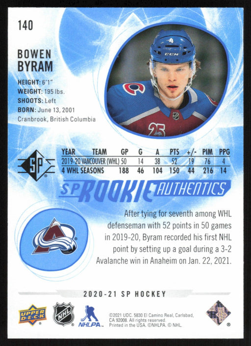 Bowen Byram 2020 SP Hockey Rookie Autentics # 140 RC Blue Colorado Avalanche - Collectible Craze America