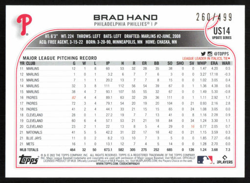 Brad Hand 2022 Topps Update # US14 Green Foilboard 260/499 Philadelphia Phillies - Collectible Craze America