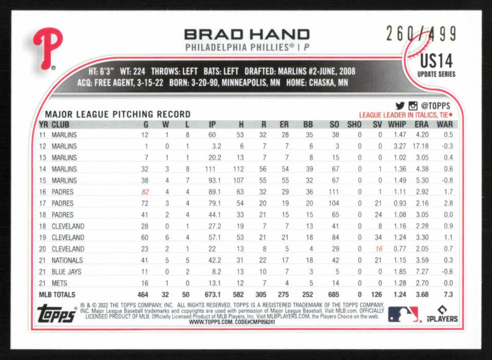 Brad Hand 2022 Topps Update # US14 Green Foilboard 260/499 Philadelphia Phillies - Collectible Craze America