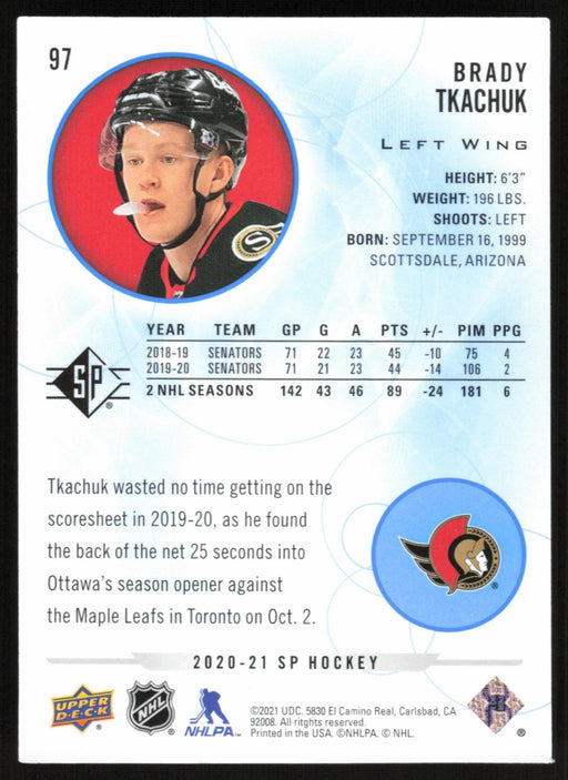 Brady Tkachuk 2020 SP Hockey # 97 Ottawa Senators Blue Parallel - Collectible Craze America