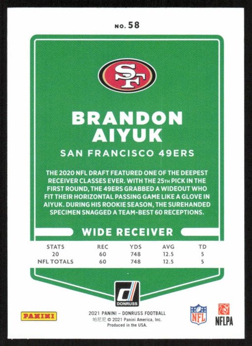 Brandon Aiyuk 2021 Donruss Football # 58 San Francisco 49ers Base - Collectible Craze America