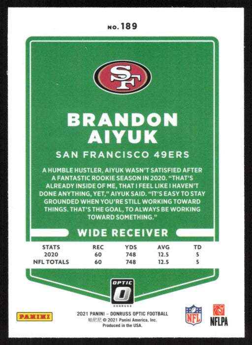 Brandon Aiyuk 2021 Donruss Optic # 189 San Francisco 49ers - Collectible Craze America