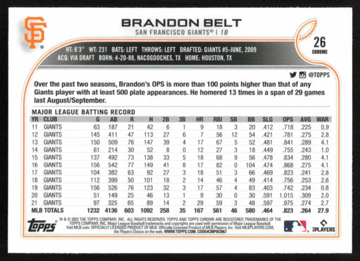 Brandon Belt 2022 Topps Chrome # 26 X-Fractor San Francisco Giants - Collectible Craze America