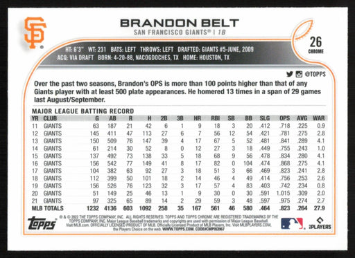 Brandon Belt 2022 Topps Chrome Baseball # 26 San Francisco Giants Base - Collectible Craze America