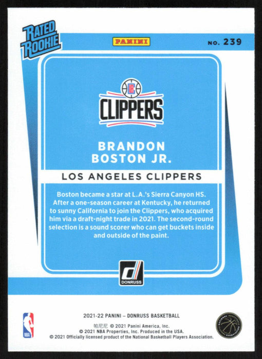 Brandon Boston Jr. 2021 Donruss Rated Rookie # 239 RC Orange Holo Laser Los Angeles Clippers - Collectible Craze America