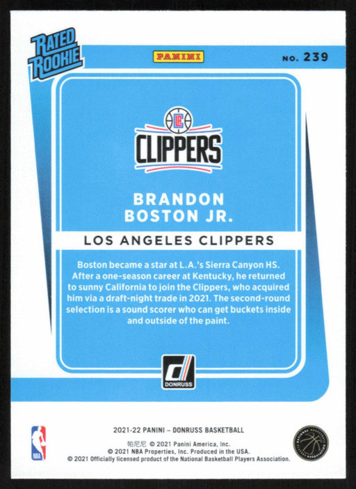 Brandon Boston Jr. 2021 Donruss Rated Rookie # 239 RC Orange Holo Laser Los Angeles Clippers - Collectible Craze America