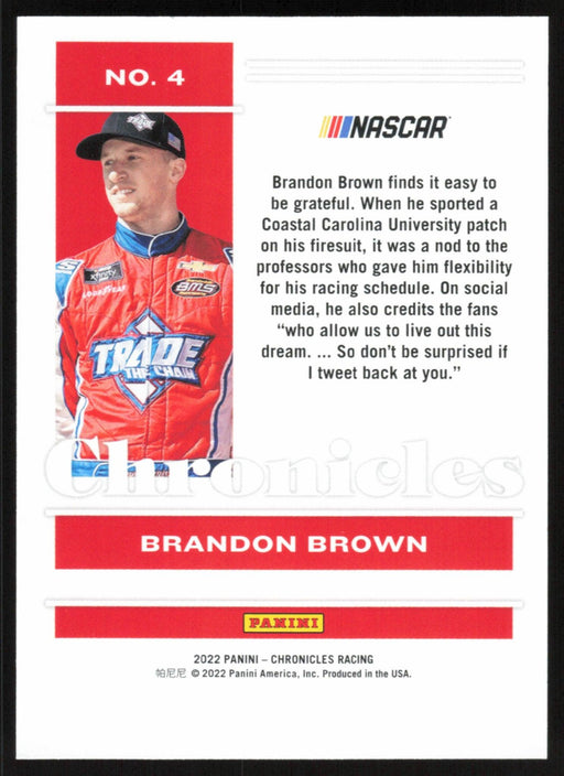 Brandon Brown 2022 Panini Chronicles Racing Chronicles # 4 Red 35/99 - Collectible Craze America