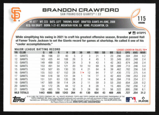 Brandon Crawford 2022 Topps Chrome Baseball # 115 San Francisco Giants Base - Collectible Craze America