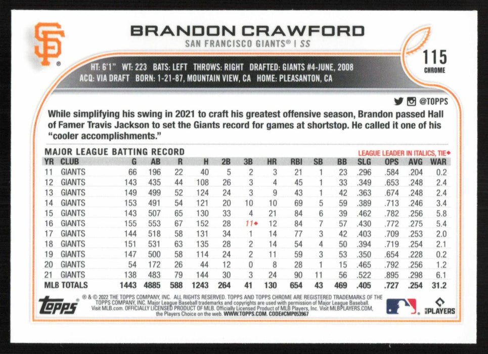 Brandon Crawford 2022 Topps Chrome Baseball # 115 San Francisco Giants Base - Collectible Craze America