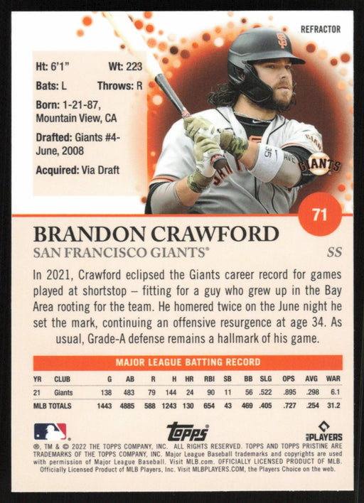 Brandon Crawford 2022 Topps Pristine # 71 Refractor San Francisco Giants - Collectible Craze America