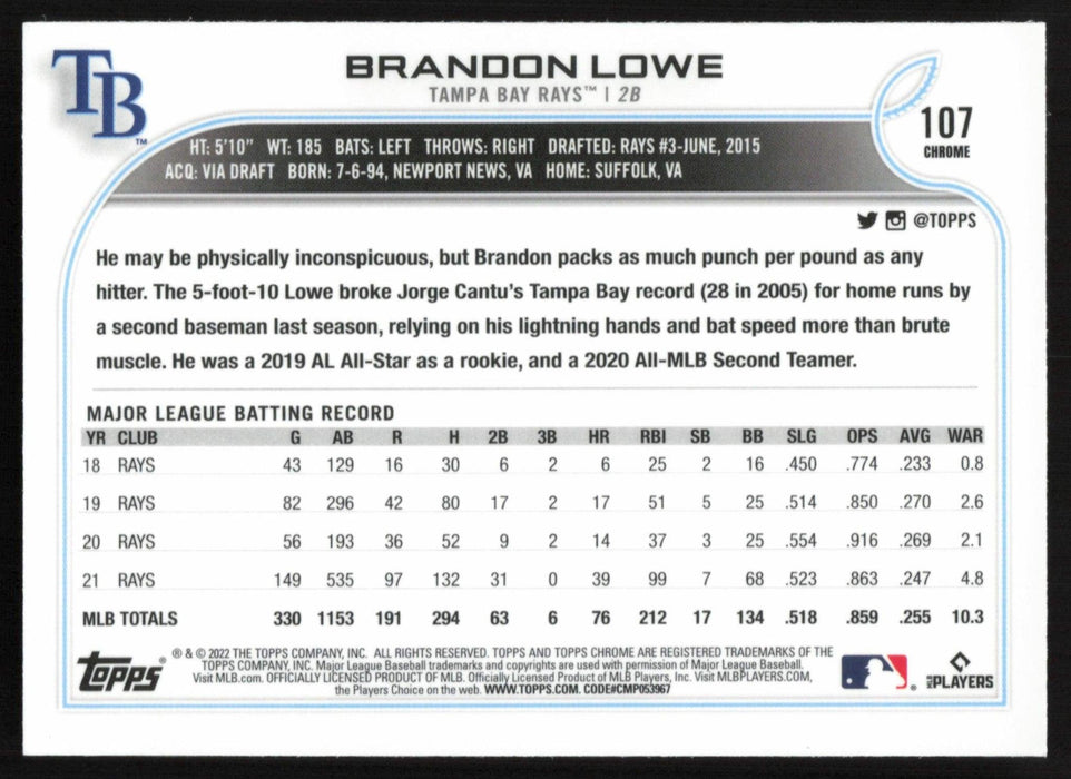 Brandon Lowe 2022 Topps Chrome # 107 Sepia Refractor Tampa Bay Rays - Collectible Craze America