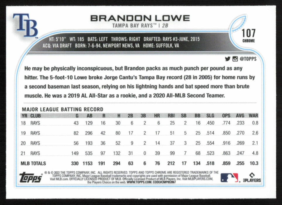Brandon Lowe 2022 Topps Chrome Baseball # 107 Tampa Bay Rays Base - Collectible Craze America