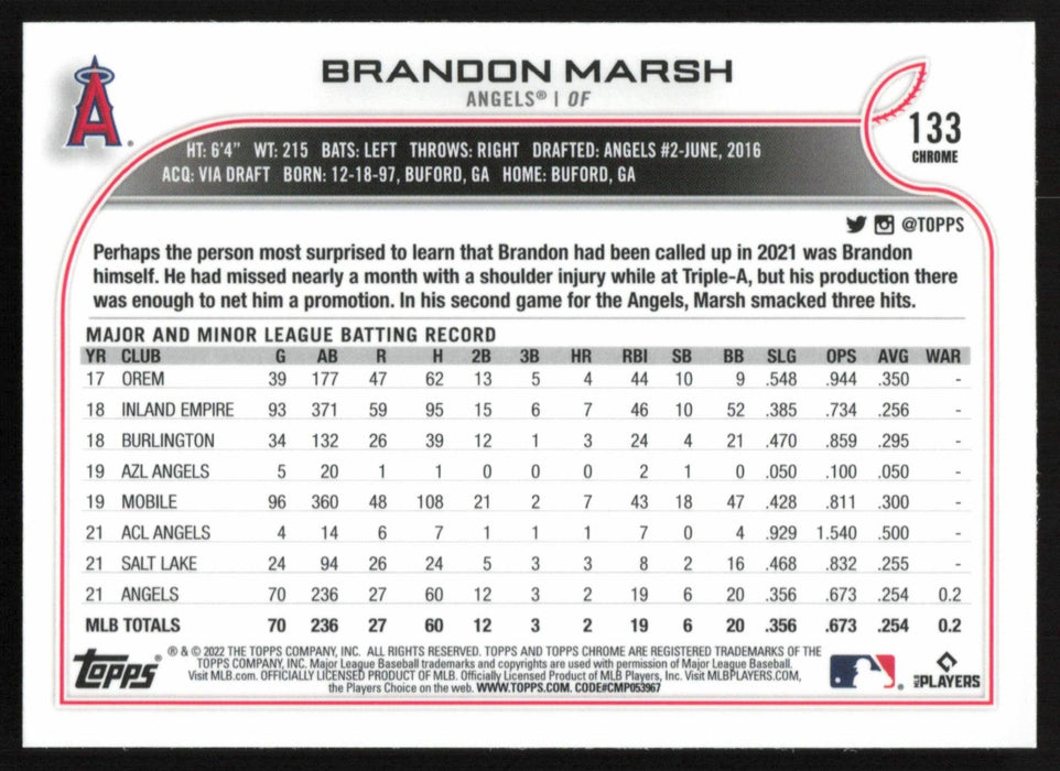 Brandon Marsh 2022 Topps Chrome # 133 RC Black & White Mini Diamond Los Angeles Angels - Collectible Craze America