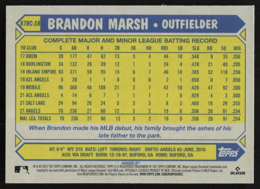 Brandon Marsh 2022 Topps Chrome # 87BC-18 RC 1987 Topps Los Angeles Angels - Collectible Craze America