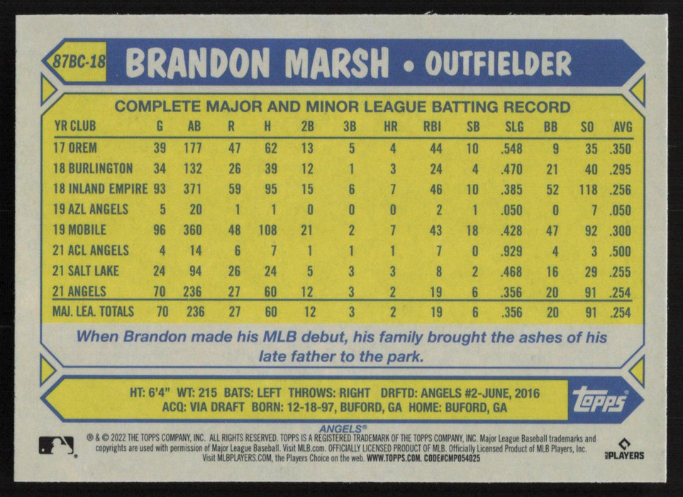 Brandon Marsh 2022 Topps Chrome # 87BC-18 RC 1987 Topps Los Angeles Angels - Collectible Craze America