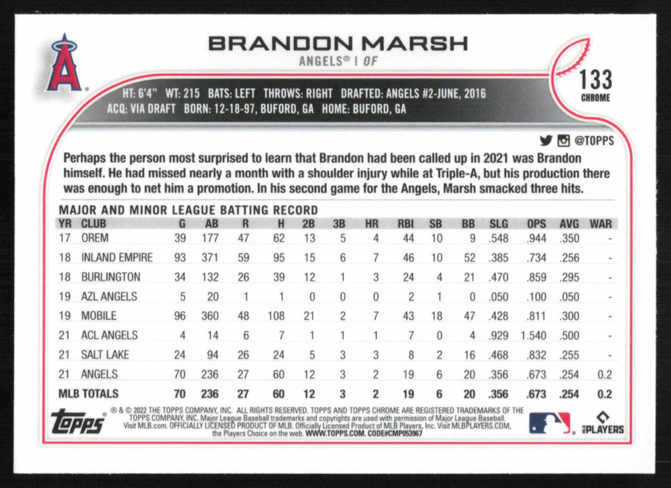 Brandon Marsh 2022 Topps Chrome Baseball # 133 RC Los Angeles Angels Base - Collectible Craze America