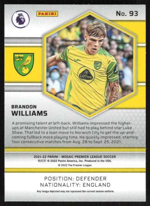 Brandon Williams 2021 Panini Mosaic Premier League # 93 Norwich City Base - Collectible Craze America