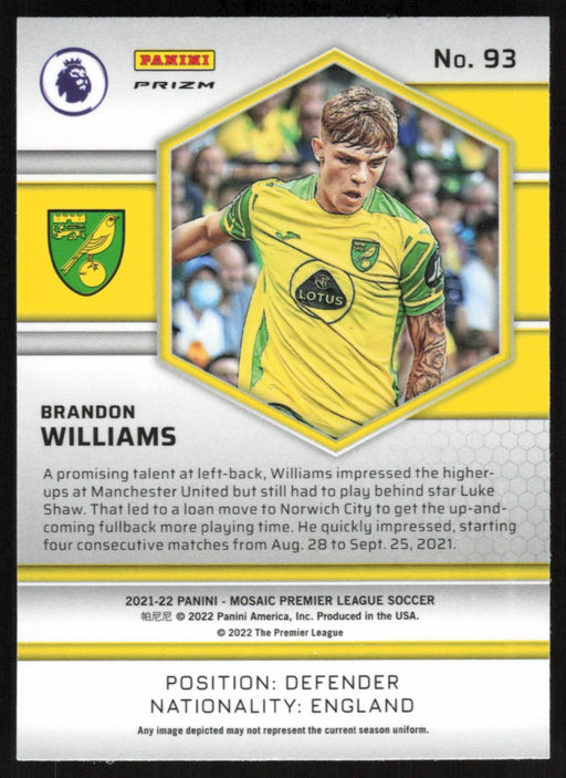 Brandon Williams 2021 Panini Mosaic Premier League # 93 Reactive Red Norwich City - Collectible Craze America