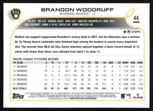 Brandon Woodruff 2022 Topps Chrome Baseball # 44 Milwaukee Brewers Base - Collectible Craze America