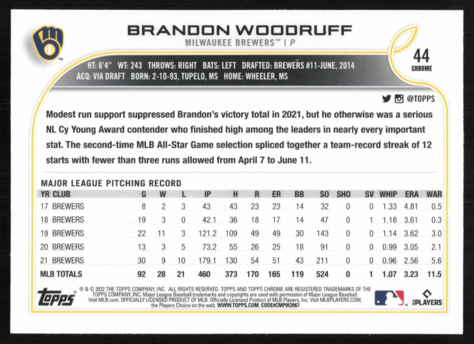Brandon Woodruff 2022 Topps Chrome Baseball # 44 Milwaukee Brewers Base - Collectible Craze America