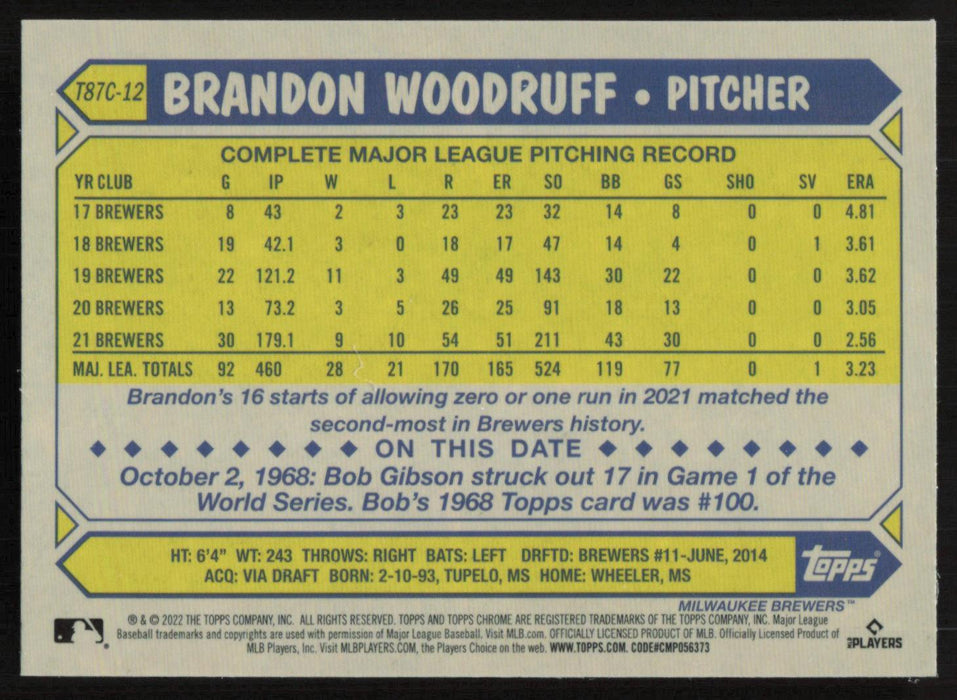 Brandon Woodruff 2022 Topps Update Chrome Silver Pack Mojo # T87CU-12 Milwaukee Brewers - Collectible Craze America