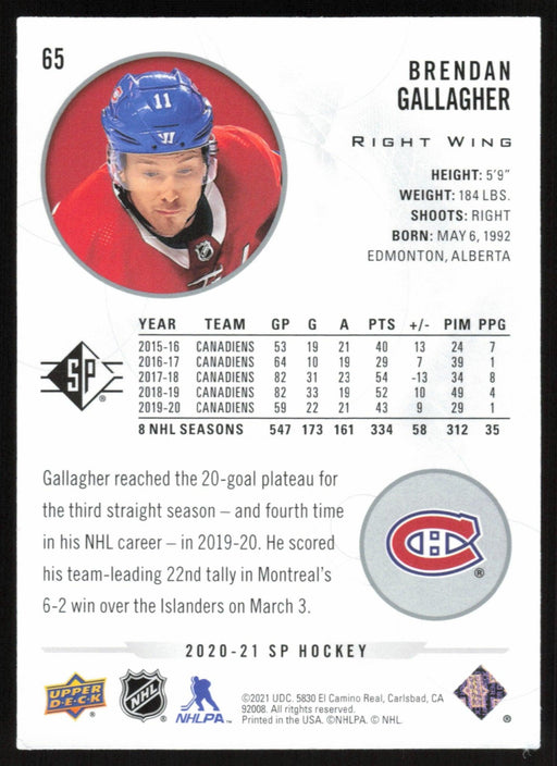 Brendan Gallagher 2020 SP Hockey # 65 Montreal Canadiens - Collectible Craze America