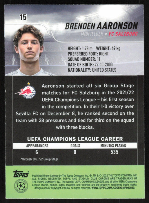 Brenden Aaronson 2021 Topps Stadium Club Chrome UEFA # 15 Blue Prism Refractor FC Salzburg - Collectible Craze America