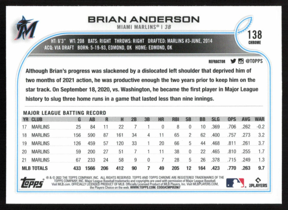 Brian Anderson 2022 Topps Chrome # 138 Refractor Miami Marlins - Collectible Craze America