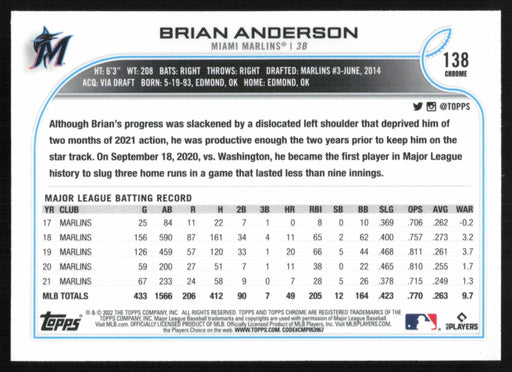 Brian Anderson 2022 Topps Chrome Baseball # 138 Miami Marlins Base - Collectible Craze America