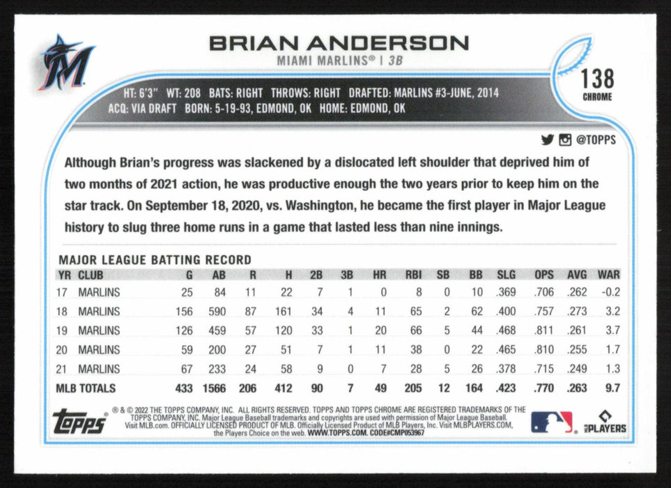 Brian Anderson 2022 Topps Chrome Baseball # 138 Miami Marlins Base - Collectible Craze America