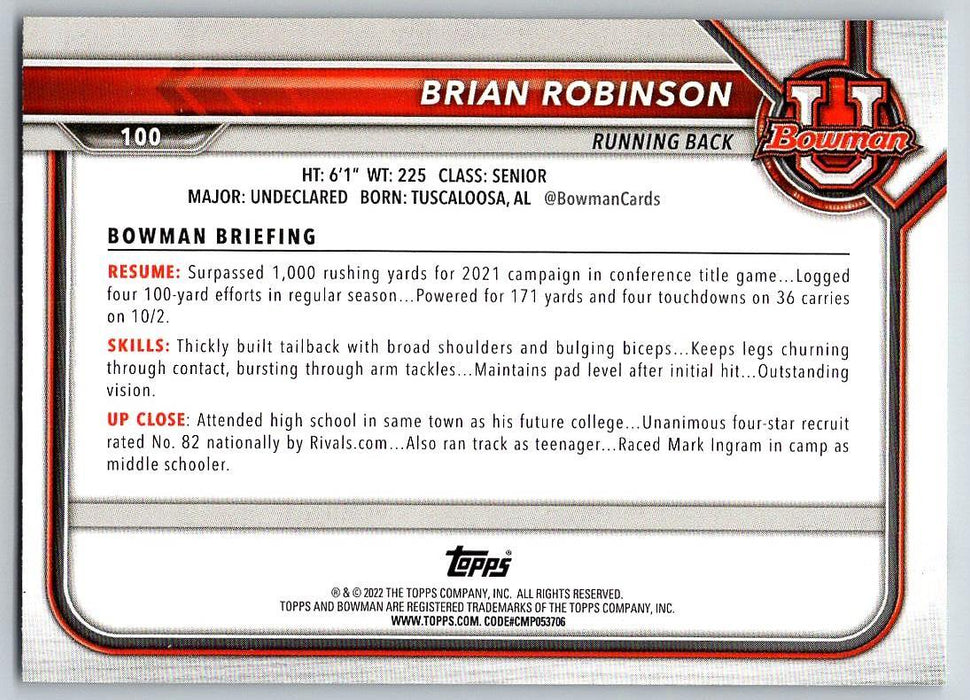 Brian Robinson 2021 Bowman University Football # 100 Alabama Crimson Tide - Collectible Craze America