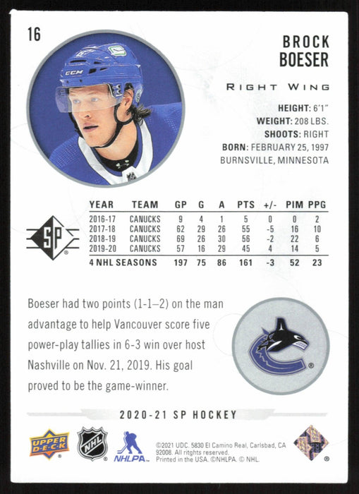 Brock Boeser 2020 SP Hockey # 16 Vancouver Canucks - Collectible Craze America