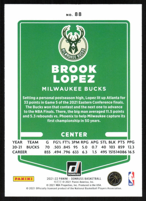 Brook Lopez 2021 Donruss # 88 Orange Holo Laser Milwaukee Bucks - Collectible Craze America
