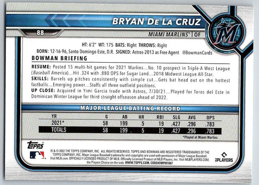 Bryan De La Cruz 2022 Bowman # 88 RC Miami Marlins - Collectible Craze America