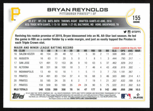 Bryan Reynolds 2022 Topps Chrome Baseball # 155 Pittsburgh Pirates Base - Collectible Craze America