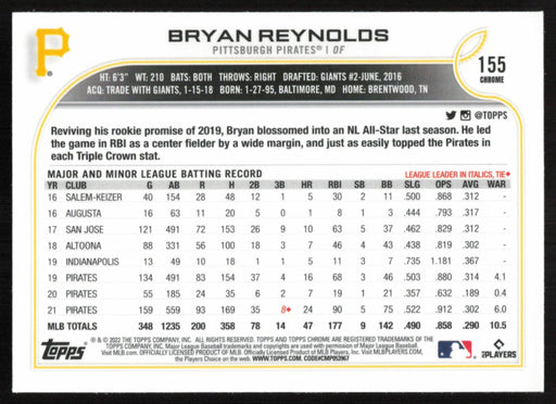 Bryan Reynolds 2022 Topps Chrome Baseball # 155 Prism Refractor Pittsburgh Pirates - Collectible Craze America