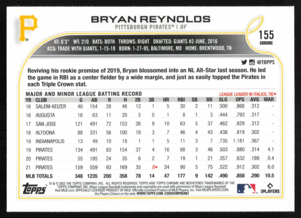 Bryan Reynolds 2022 Topps Chrome Baseball # 155 Prism Refractor Pittsburgh Pirates - Collectible Craze America