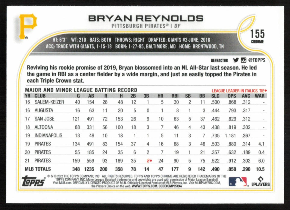 Bryan Reynolds 2022 Topps Chrome Baseball # 155 Refractor Pittsburgh Pirates - Collectible Craze America