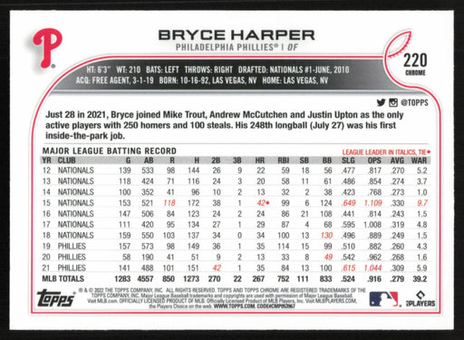 Bryce Harper 2022 Topps Chrome # 220 Philadelphia Phillies - Base - Collectible Craze America