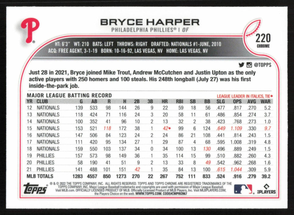 Bryce Harper 2022 Topps Chrome # 220 Philadelphia Phillies - Base - Collectible Craze America