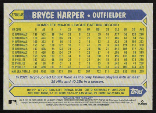 Bryce Harper 2022 Topps Update 1987 Topps # 87TBU-45 Philadelphia Phillies - Collectible Craze America