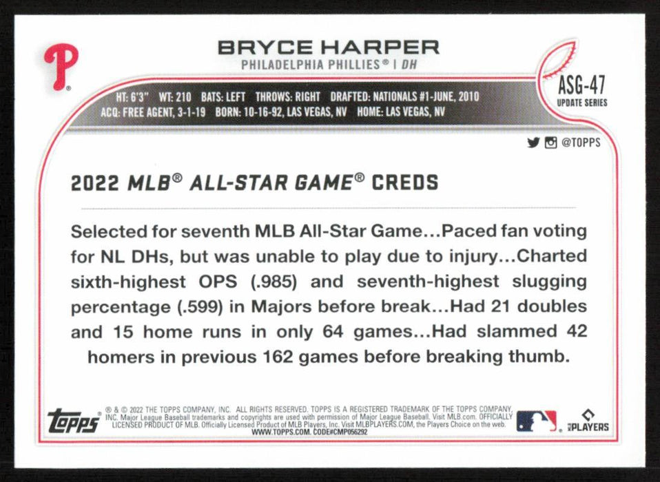 Bryce Harper 2022 Topps Update # ASG-47 All Star Game Philadelphia Phillies - Collectible Craze America
