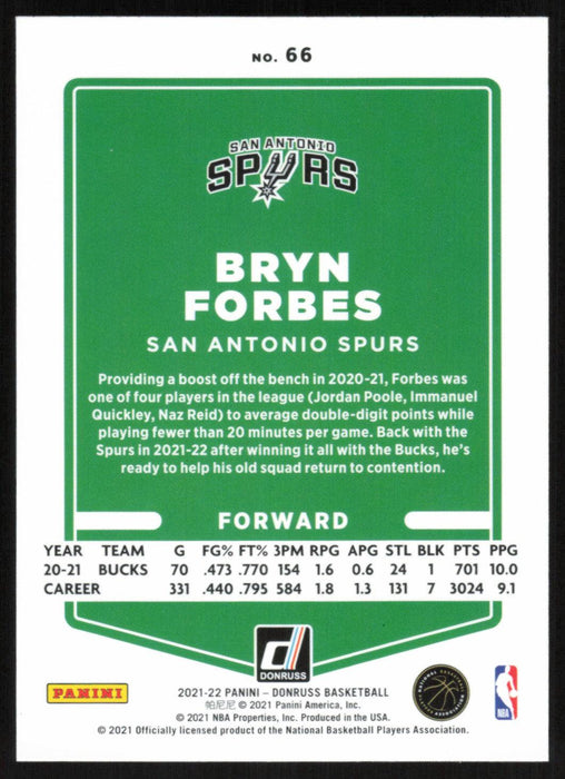 Bryn Forbes 2021 Donruss # 66 Teal Holo Laser San Antonio Spurs - Collectible Craze America