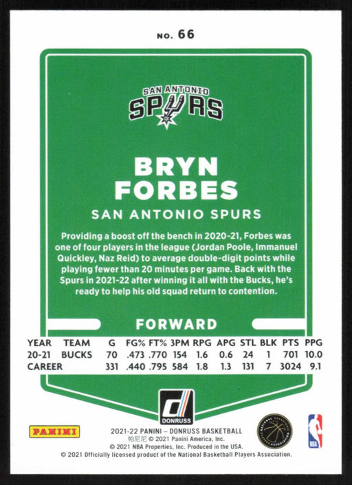 Bryn Forbes 2021 Donruss # 66 Teal Holo Laser San Antonio Spurs - Collectible Craze America