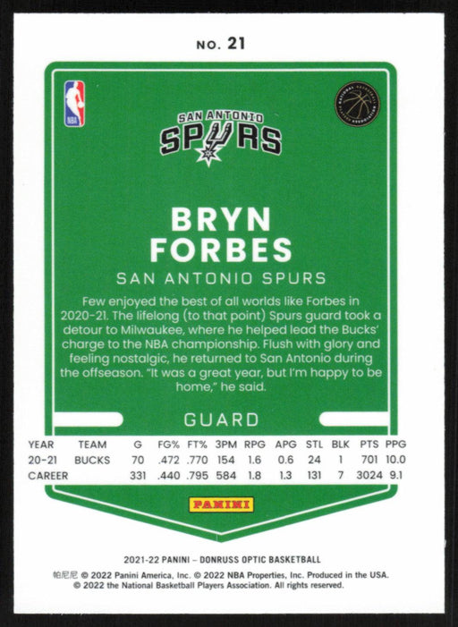 Bryn Forbes 2021 Panini Donruss Optic # 21 San Antonio Spurs Base - Collectible Craze America