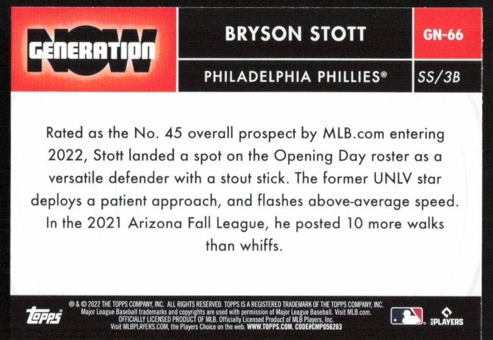 Bryson Stott 2022 Topps Update Generation Now # GN-66 RC Philadelphia Phillies - Collectible Craze America