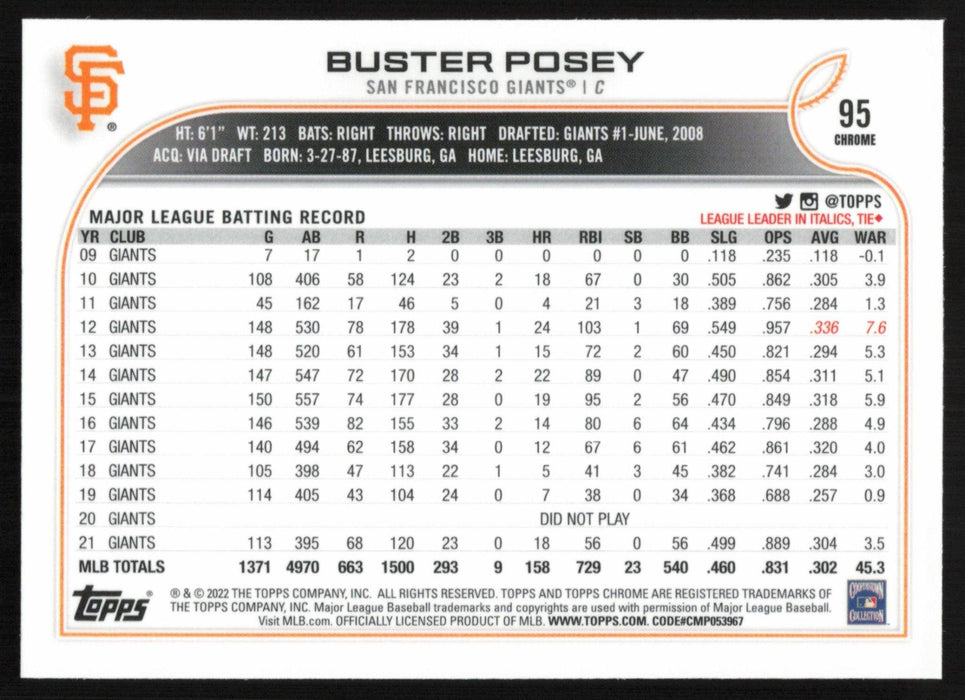 Buster Posey 2022 Topps Chrome Baseball # 95 San Francisco Giants Base - Collectible Craze America
