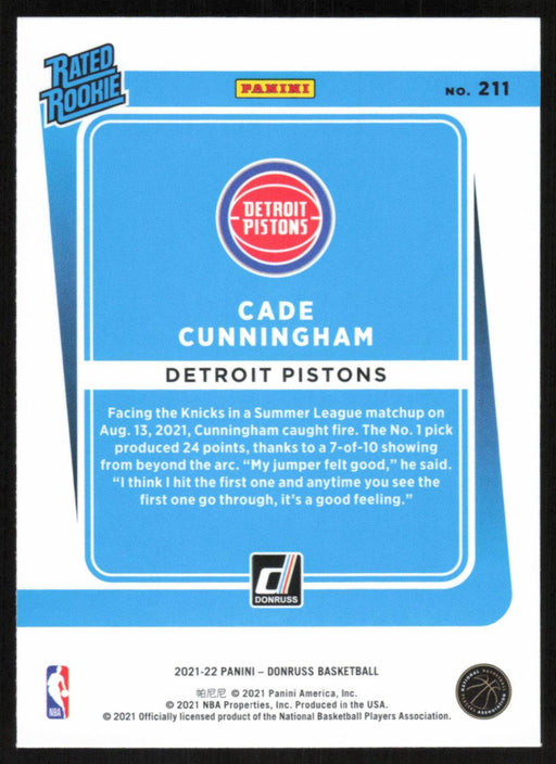 Cade Cunningham 2021 Donruss Rated Rookie # 211 RC Detroit Pistons - Collectible Craze America